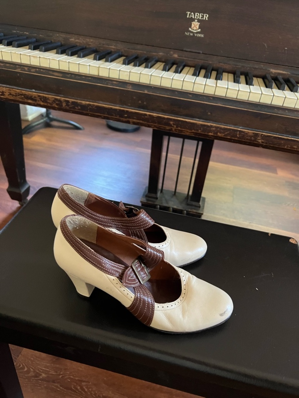 Cream and Brown Mary Jane Heels with Buckle Accent